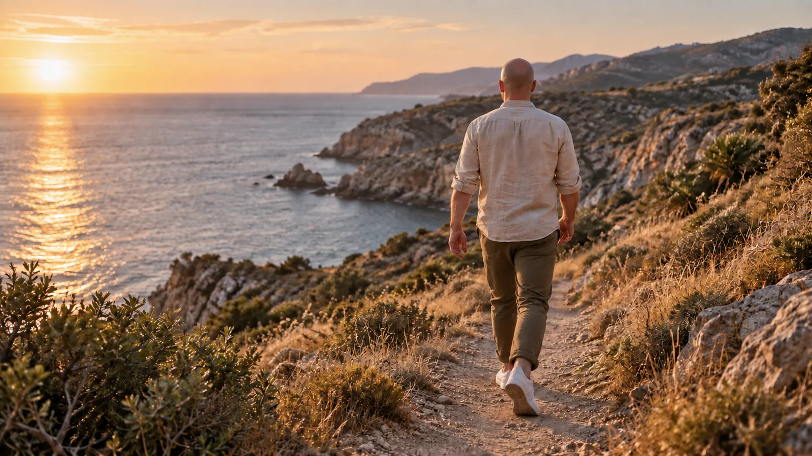 Frank Henning geht im warmen Abendlicht einen Küstenweg auf Mallorca